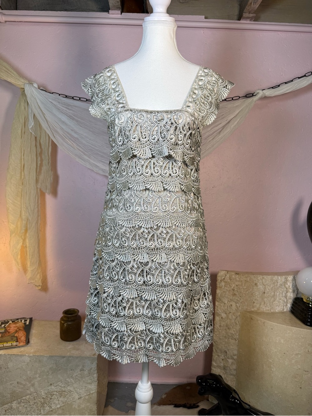 Vintage Champagne Lace Mini Dress | Romantic Coquette Fairy Dress | Size Small